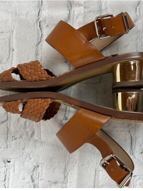 Sam Edelman Tan Braided Leather Block Heel Sandals with Gold Accent